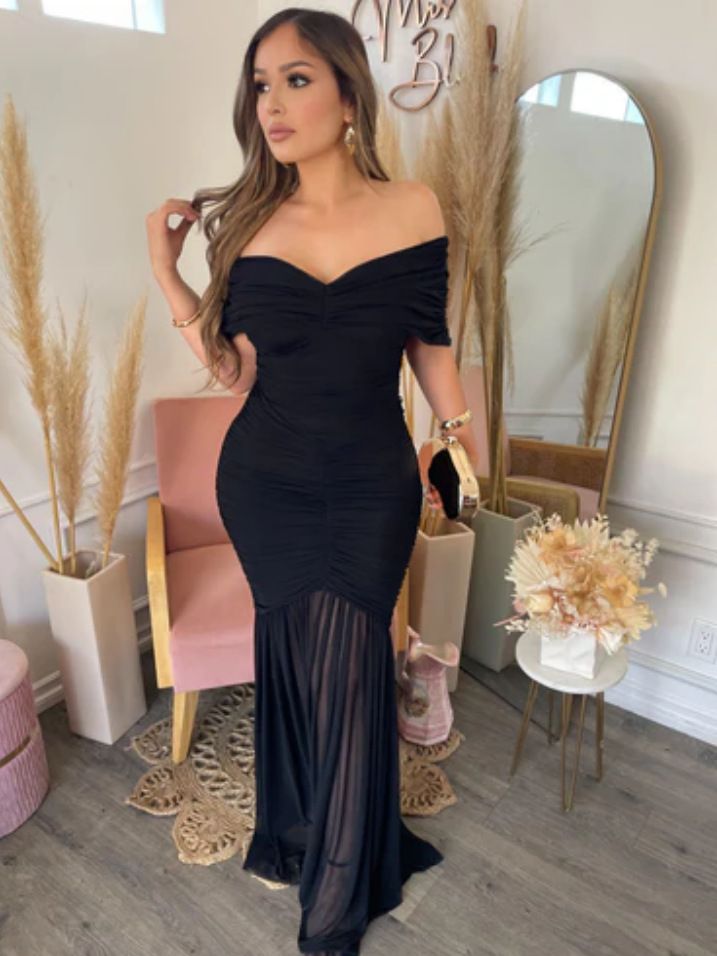 Elegant Off-Shoulder Mesh Panel Bodycon Dress – French-Inspired A-Line Midi (S-XXL, Black, Summer Evening & Streetwear Staple)_voghion.com