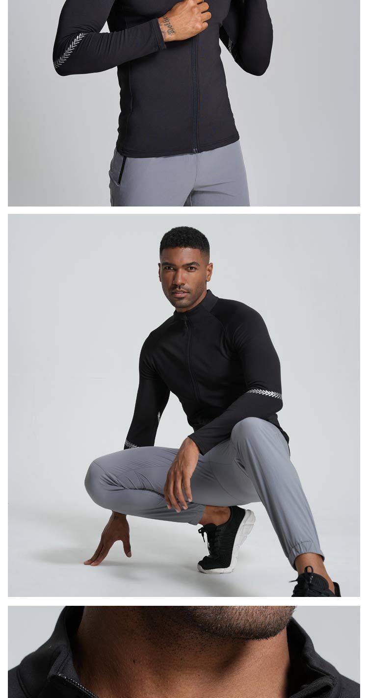 Giacca da fitness elastica a maniche lunghe da uomo, per primavera e autunno, casual, sportiva, da corsa, con collo alto, cerniera, parte superiore elastica ad asciugatura rapida_voghion.com