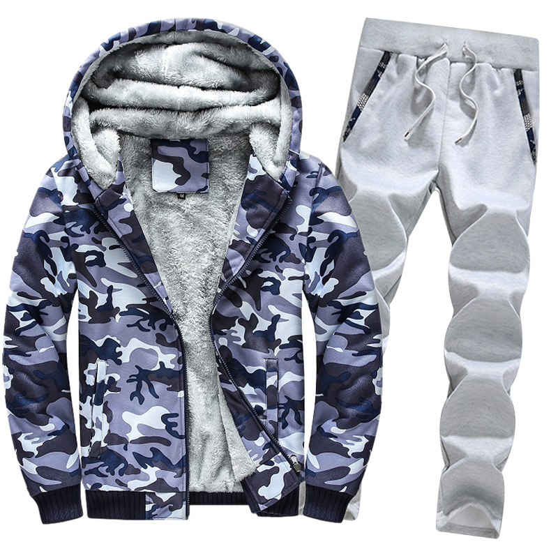 Fleece Men's Tracksuit Hoodie Suit Slim And Thick Warm Camouflage Suit_voghion.com