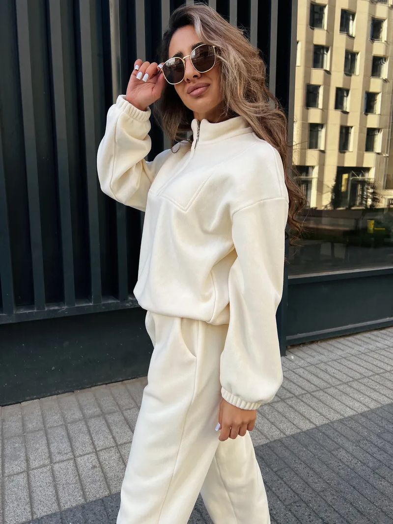 Lässiges Set aus Fleece-Kapuzenpullover und Jogginghose für Damen – locker sitzendes Sweatshirt mit Stehkragen und Hose mit elastischem Bund (Beige, Dunkelgrau, Khaki)_voghion.com