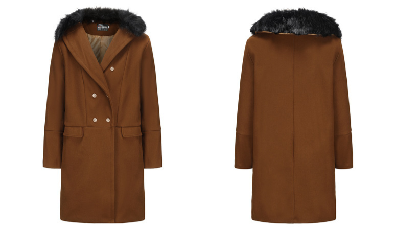 2024 Herbst und Winter Lässiger, hochwertiger Wollmantel mit Pelzkragen, einfarbig, schmale Passform, zweireihige Jacke_voghion.com