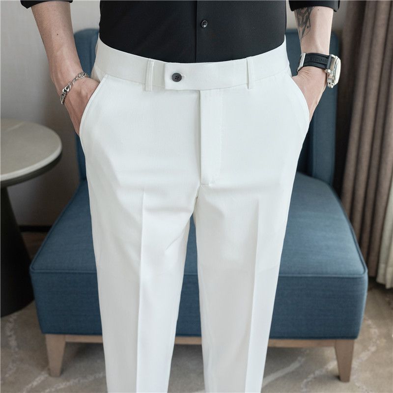 Summer new men's casual trousers, thin comfortable small straight nine-point trousers, elastic and drape on all sides, white trousers_voghion.com