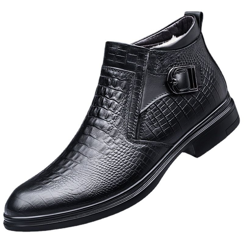 Men's Embossed Crocodile Chelsea Boots Pointed Middle Top Short Boots Wind Martin Boots Men's_voghion.com