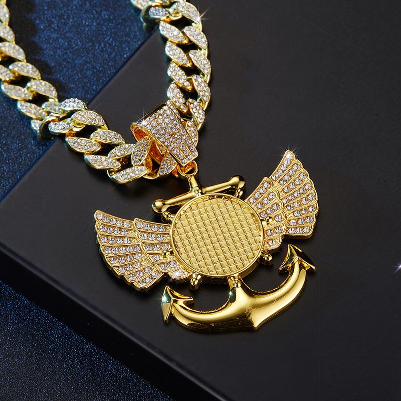 Photo Frame Wings Anchor Full Diamond Creative Design Alloy Rhinestone Cuban Chain Pendant Hip Hop Accessories_voghion.com