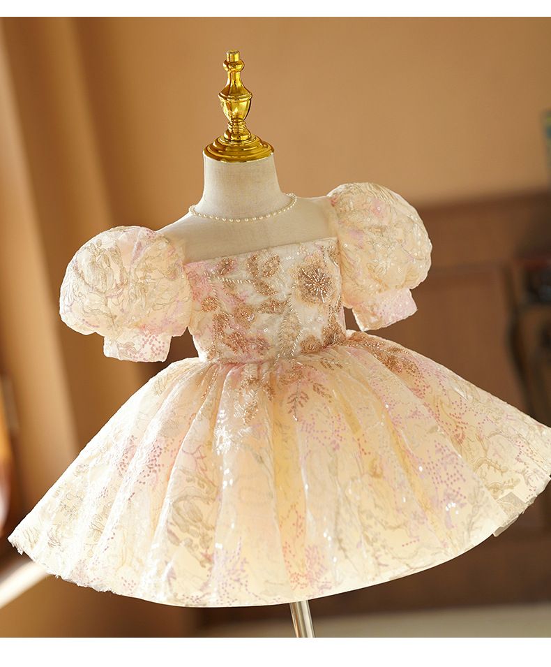 Abito da principessa color champagne per bambina - Elegante abito da spettacolo per occasioni speciali Tendenze moda più vendute_voghion.com