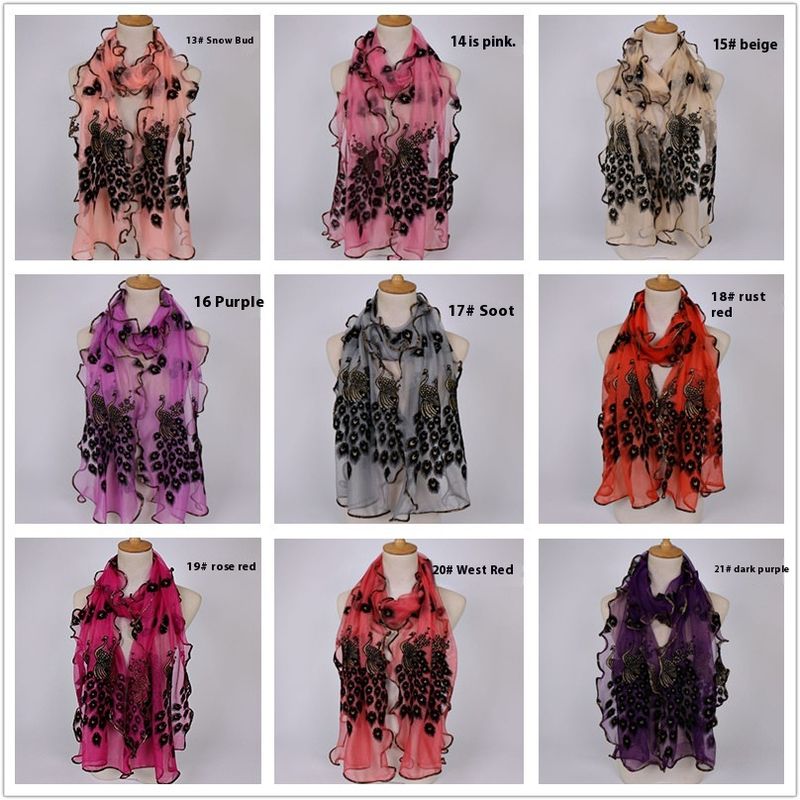 Peacock Plush Breathable Long Scarf With Gold Foil And Lace Edging For Women_voghion.com