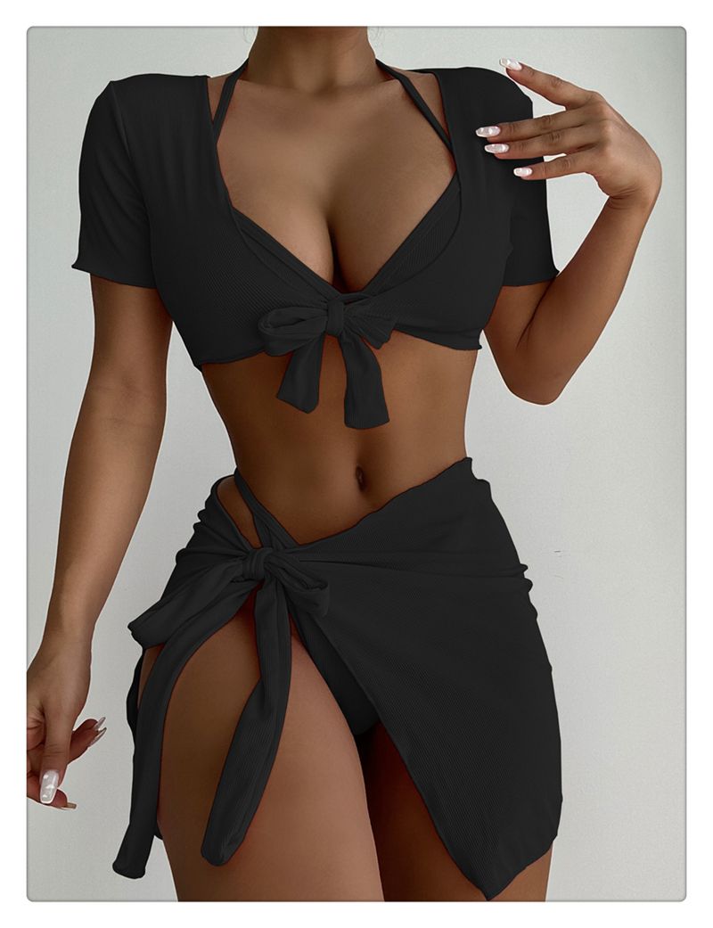 Nieuwe bikini vleesbedekking en dun vierdelig badpak Badpak Dames effen kleur meerdelig badpak_voghion.com