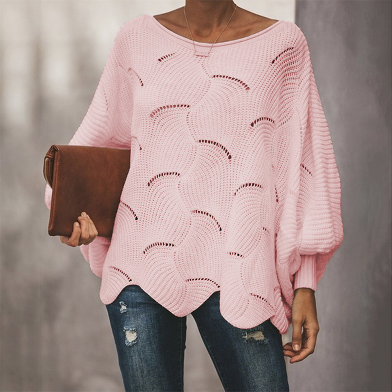 Unregelmäßiger lockerer Pullover mit Fledermausärmeln und ausgehöhltem Pullover für Damen_voghion.com