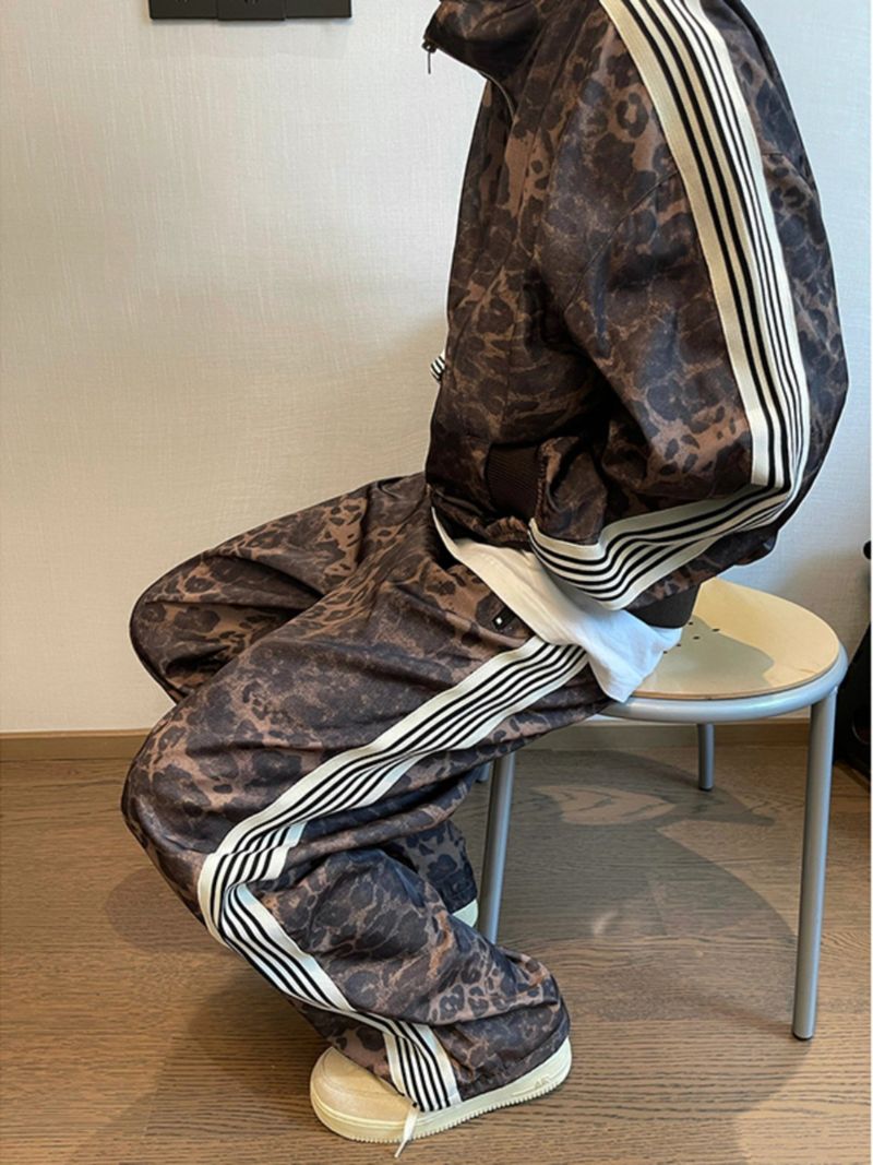 Men's Clothing Retro Leopard Print Sports Suit Jacket Trendy Brand Men's Vintage Digital Print Striped Jacket Sweatpants_voghion.com