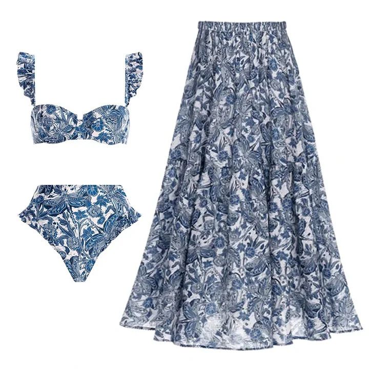 Maillot de bain femme bleu à volants et jupe parapluie amovible motif libellule_voghion.com