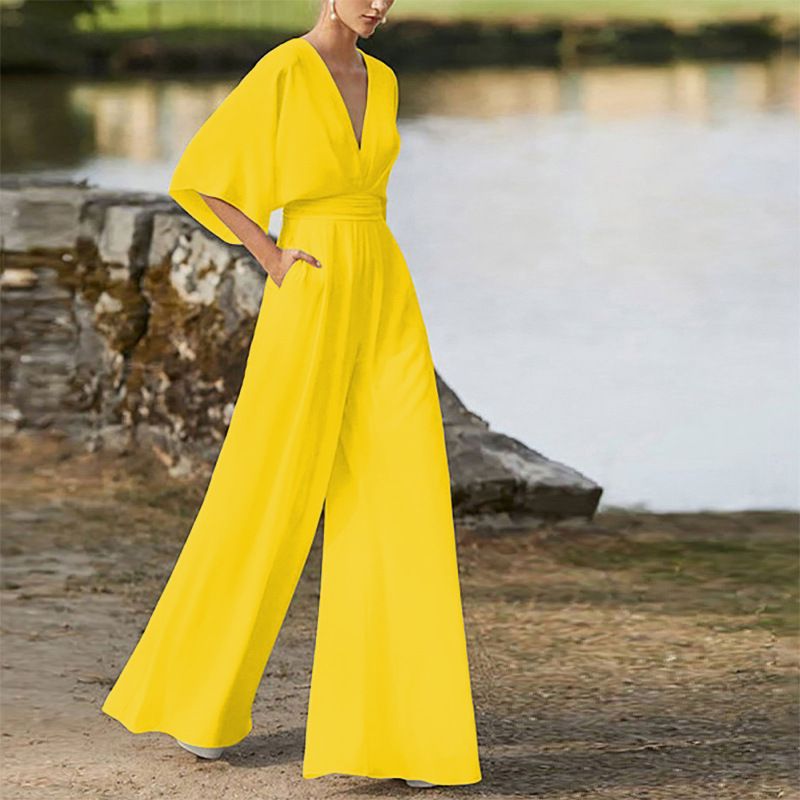 Damesjurk Jumpsuit Hot Sale Diepe V-broek met hoge taille en wijde pijpen_voghion.com