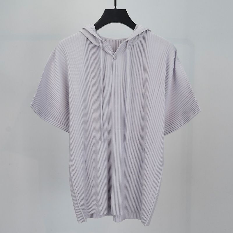 Sanzhai Pleated Spring/Summer Sweater Hooded Short sleeved Top Coat Breathable Drawstring Casual Men's Wear_voghion.com