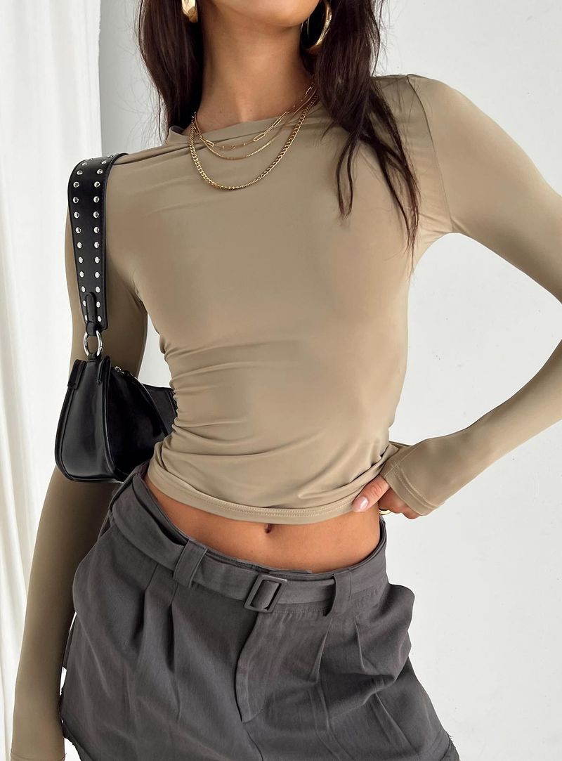 T-shirt a maniche lunghe slim fit da donna - Top casual streetwear di base con design a blocchi di colore pastello_voghion.com