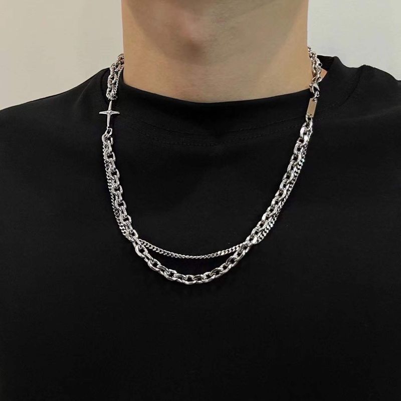 Felpe con cappuccio da uomo e da donna con croce a doppio strato minimalista giapponese-coreano, collane in acciaio al titanio, accessori hip-hop,_voghion.com