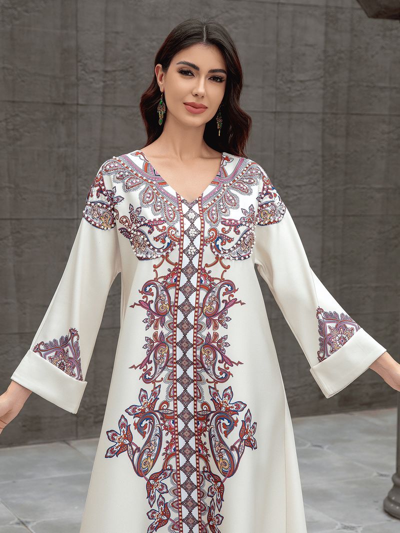 SW0826 Muslim Women's Clothing Kaftan Elegant Printed Beaded Dress Dubai Abaya_voghion.com