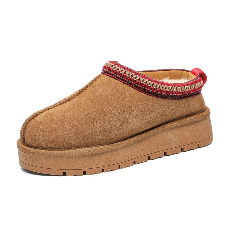 Ethno-Stil Schaffell Dickbesohlte Schneestiefel Für Damen, Kurze Röhre, Verdickt, Warm, Fleece-Gefüttert, Winter-Baumwollschuhe_voghion.com