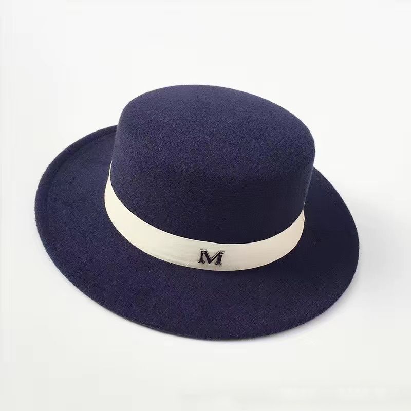 Pălărie retro britanică în stil retro cu panglică albă, cu vârf plat, pentru cupluri, pălărie pentru domni, pentru primăvară și toamnă, pălărie caldă din lână cu bor plat mare_voghion.com