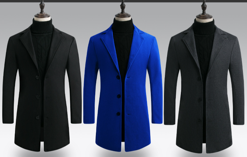 Cappotto da uomo medio lungo in lana slim slim semplice trench in stoffa tinta unita_voghion.com