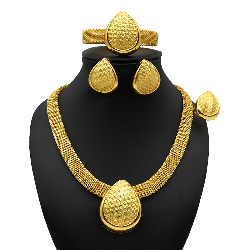 Gold Plated Jewelry Set Bride Necklace Earrings Ring Bracelet Sand Gold Accessories_voghion.com