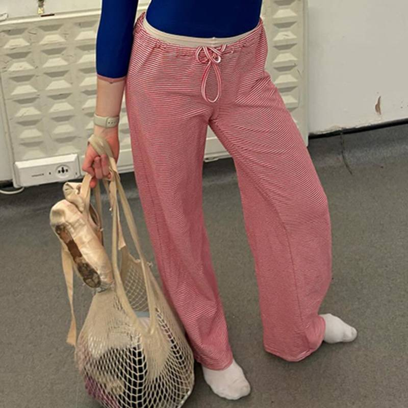 Lässige Streifen Niedrige Taille Baggy Jogginghose Kordelzug Elastische Hose Frauen Beiläufige Lose Gerade Bein Hosen Sommer Streetwear_voghion.com