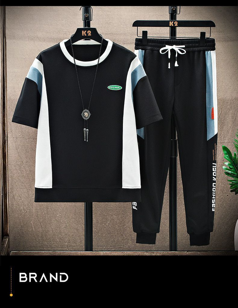 Herrenbekleidung Casual Sportanzug Set Waffel Kurzarm Trend T-Shirt Sets_voghion.com