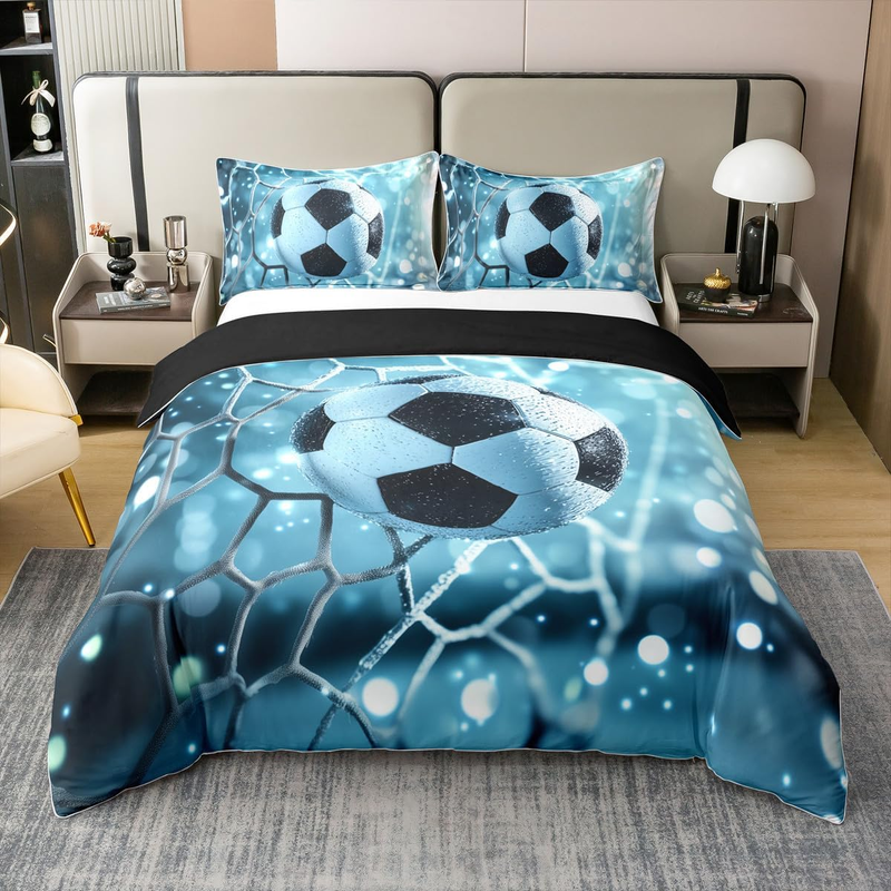 Football Duvet Cover Double Football Field Bedding Set For Kids Boys Men Goal Polka Dots Light White Light Blue Comforter Cover Soft Comfy Bedclothes_voghion.com