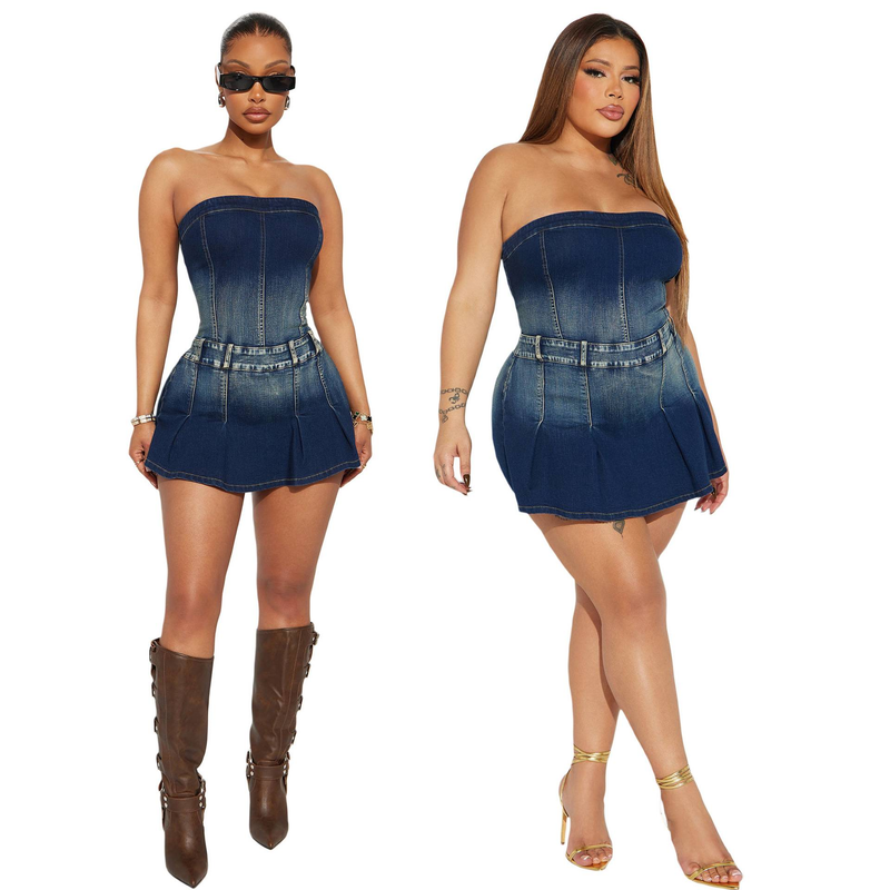 Tight Waist Slim High Elastic Washed Denim Tube Top One-shoulder Jumpsuit_voghion.com