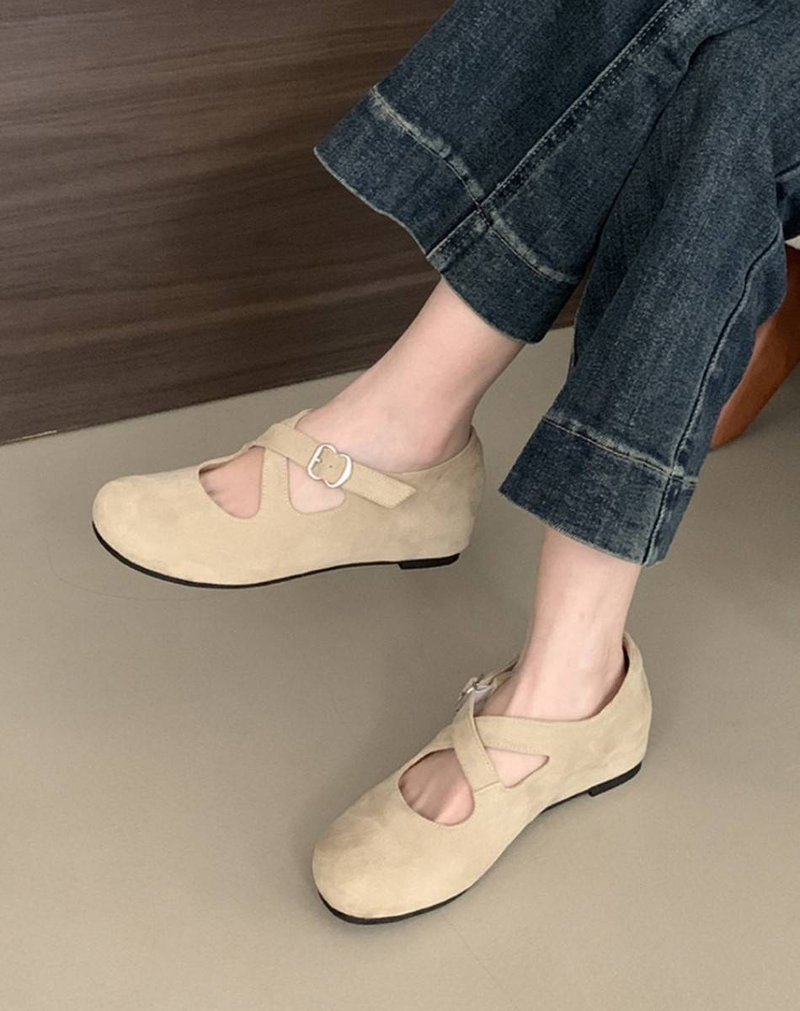 Cameido Sweet Round Toe Suede Cross Strap Mary Jane Shoes, 2025 Autumn Inner Elevator Shallow Single Shoes Ballet Flats_voghion.com