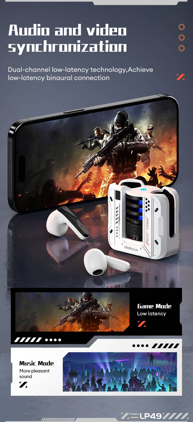 Original Lenovo LP49 Wireless Gaming Earphones Noise Reduction Daul Mode HD Call Earbuds Low Latency Bluetooth 5.4 Headphones_voghion.com