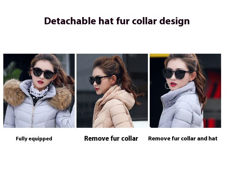 Doudoune longue grande taille avec col en fourrure amovible, veste d'hiver ajustée pour femme, vêtement d'extérieur chaud et épais en duvet._voghion.com