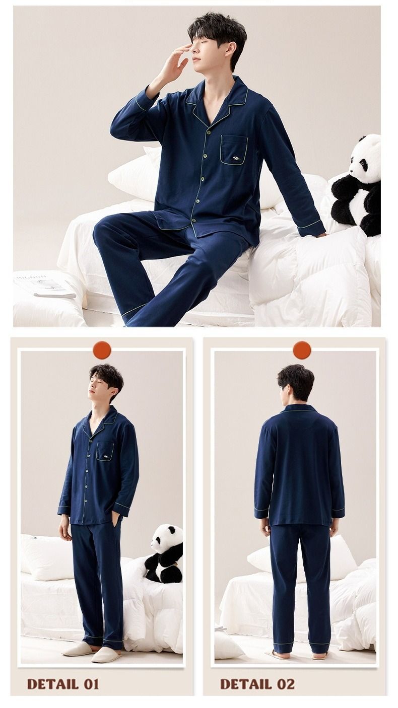 Men's Spring/Autumn New Long Sleeve Autumn/Winter Thin Men's Loose Large Size Home Clothes Set Pure Cotton Pajamas_voghion.com