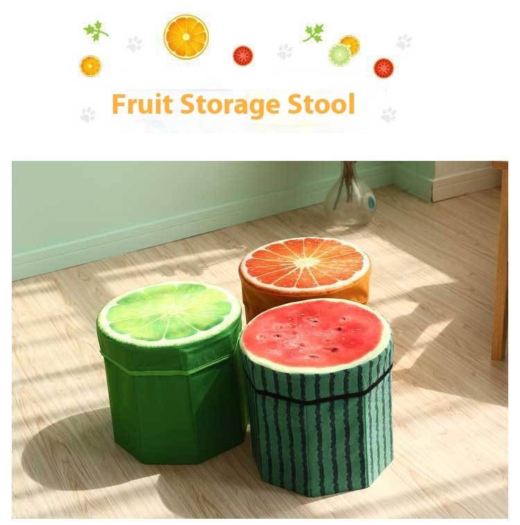 Foldable Fabric Storage Stool - Multi-Fruit & Tree Stump Design, 100kg Capacity, Space-Saving Kids Seat (29x30cm)_voghion.com