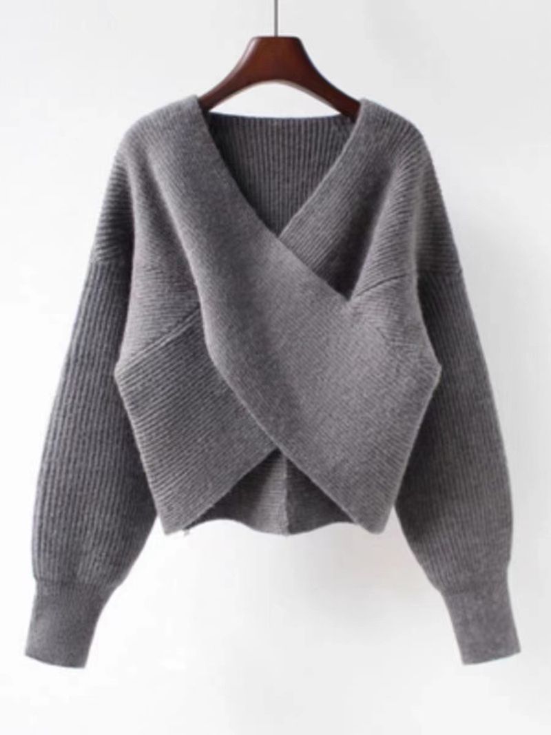 Oversized-Pullover mit V-Ausschnitt – 3D-Strickpullover mit geometrischem Muster (Einheitsgröße, Grau/Weiß/Schwarz, Arctic-Fleece-Mischung, unverzichtbares Kleidungsstück für den Winter)_voghion.com