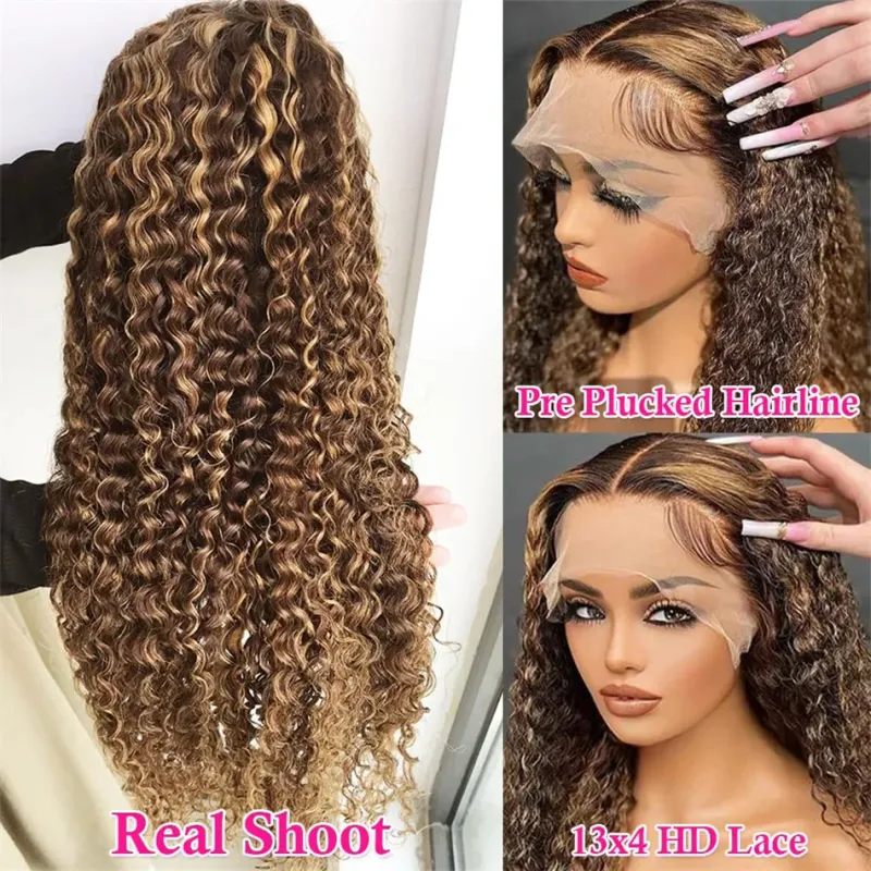 4/27 Highlight Water Wave Human Hair Wig 13x4 Lace Frontal Human Hair Wig For Women Curly Wig Transparent Lace Front Wig 180%_voghion.com
