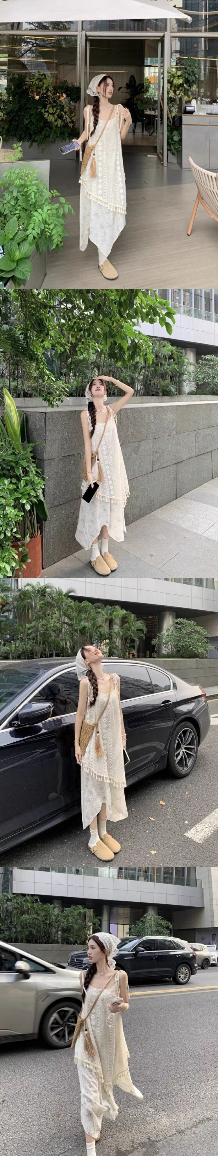 Zweiteiliger Träger im Urlaubsstil für Frauen im Sommer, eleganter Feendruck, Quaste, unregelmäßiger Strand, langes Kleid_voghion.com