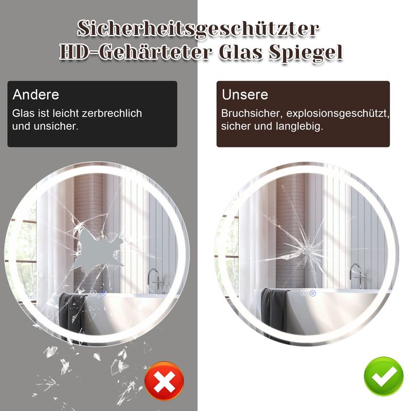 Glitzerlife Spiegel Bad Mit Beleuchtung - LED Badspiegel Rund 70cm Wandspiegel Dimmbar 3000K-6500K IP44 Mit Touch-Schalter Und Entfogger-Funktion Lichtspiegel_voghion.com