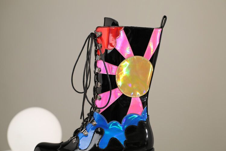 New color patchwork street style round head front strap waterproof platform thick soled high heel mid-leg boots for women_voghion.com
