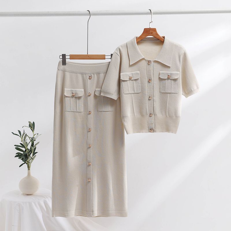 Costume tricoté de haute qualité pour femmes, nouvelle robe douce et douce à manches courtes, deux pièces, printemps et automne_voghion.com