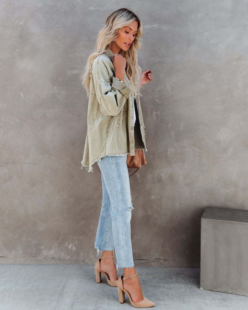 Oversize-Jeansjacke für Damen – Lässiger, langärmliger Distressed-Mantel in Unifarben_voghion.com