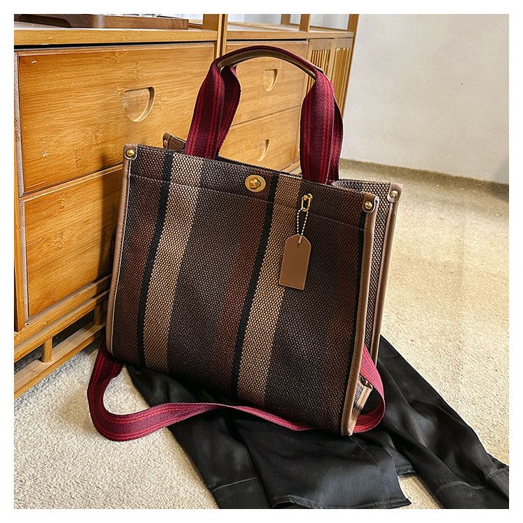 Borsa tote da donna, borsa tote a mano alla moda a righe da donna, borsa a tracolla monospalla in tela color-block di grande capacità_voghion.com