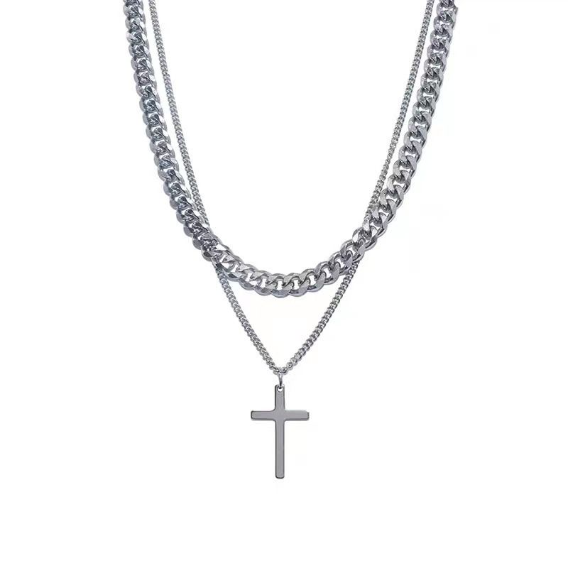 Collana con croce cubana a doppio strato per uomo, tendenza semplice, disco hip hop, clavicola, maglione, felpa con cappuccio, accessori_voghion.com