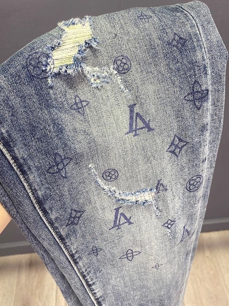 High-End Design Printed Jeans For Men, Thin Slim Fit, Skinny, Ripped With Patches, Nine-Point Pants_voghion.com