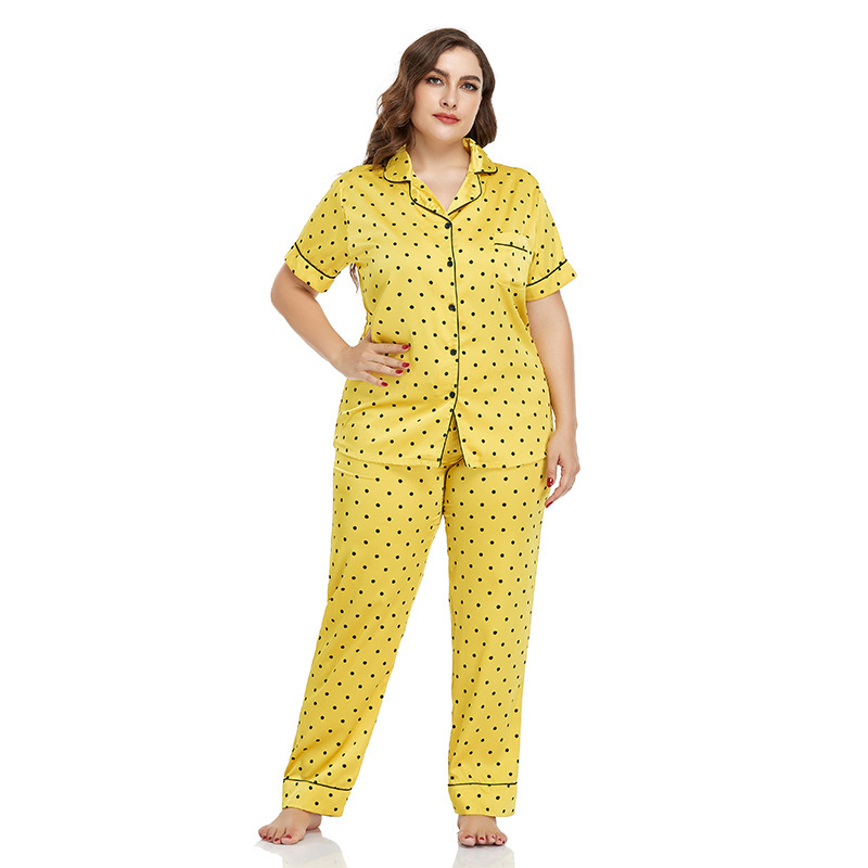 Kadın büyük boy buz ipek hırka pijama kadın ev elbise yaka kısa kollu pantolon iki takım_voghion.com