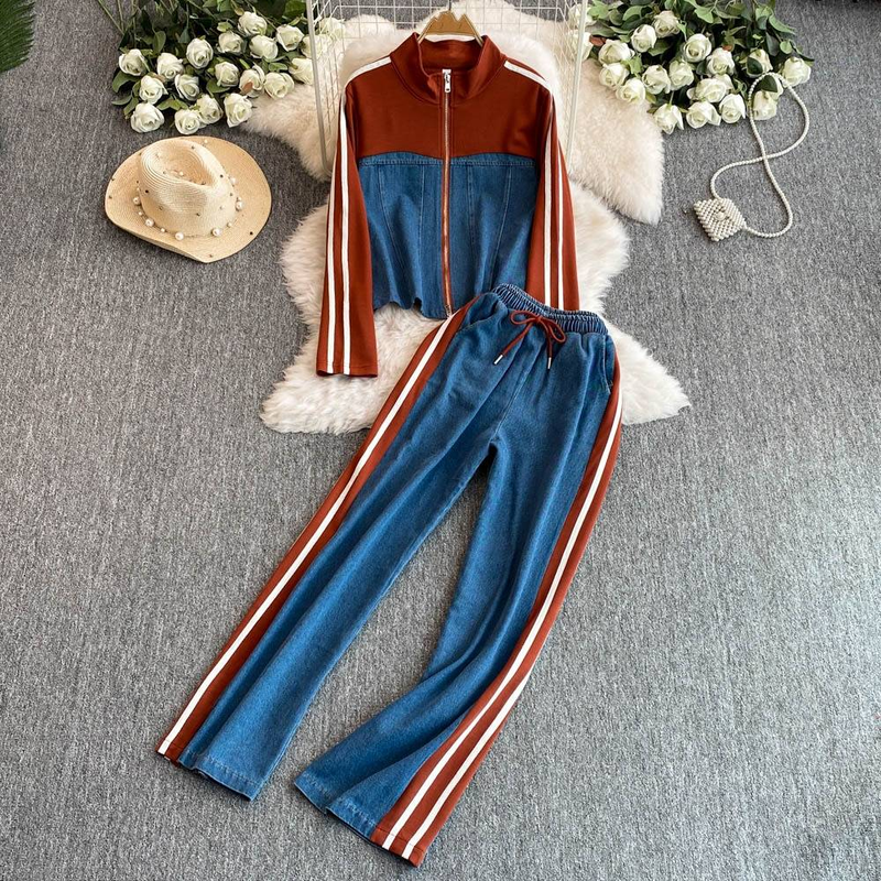 Women's Clothing Street Casual Suit Women Autumn New T Shirt Side Striped Top + Wide Leg Pants Two Piece Suit_voghion.com