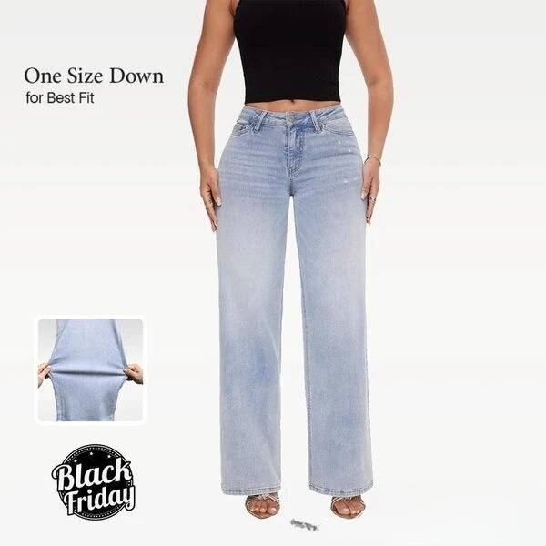 Vêtements pour femmes Printemps Nouveau Pantalon large et étroit Taille haute Rehaussement des hanches Jeans amples droits pour femmes_voghion.com