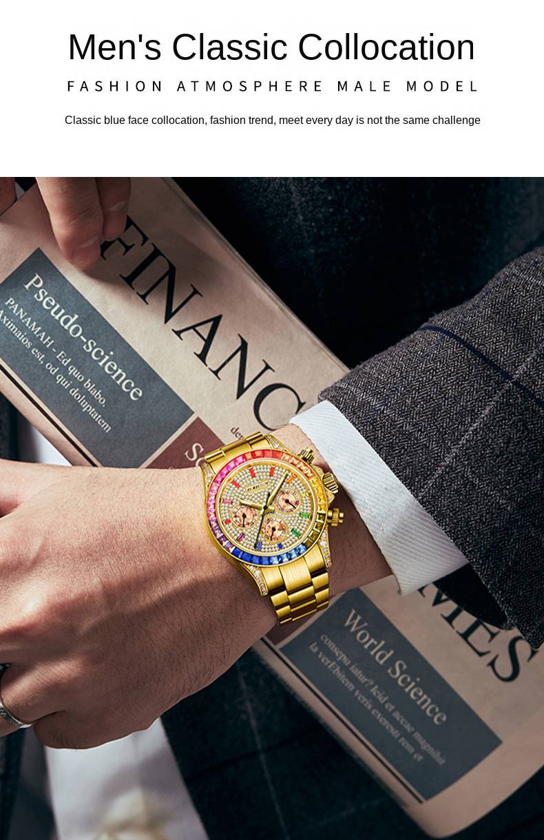 ROERDUM Daytona Rainbow Collection – Goldfarbenes Armband, mehrfarbiges Zifferblatt mit Farbverlauf, hochwertige automatische mechanische Herrenuhr_voghion.com