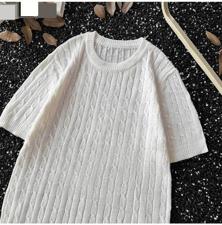 Summer Thin Jacquard Knitted Short Sleeved T Shirt Men's Round Neck Casual Trendy Retro Handsome Youth Breathable T Shirt_voghion.com