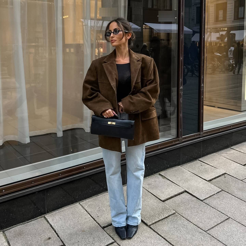 Blazer en daim pour femme – Effet 3D, coupe oversize, manches longues, style streetwear décontracté pour l'automne et l'hiver_voghion.com