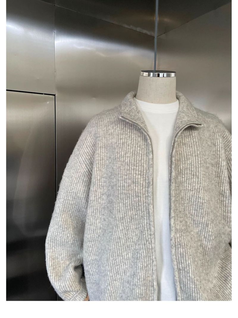 Herren-Strickpullover mit Stehkragen und Reißverschluss – Übergroße Strickjacke mit Fleecefutter und knitterfreiem Finish (M-XXL, Hellgrau, Winter-Freizeitkleidung)_voghion.com