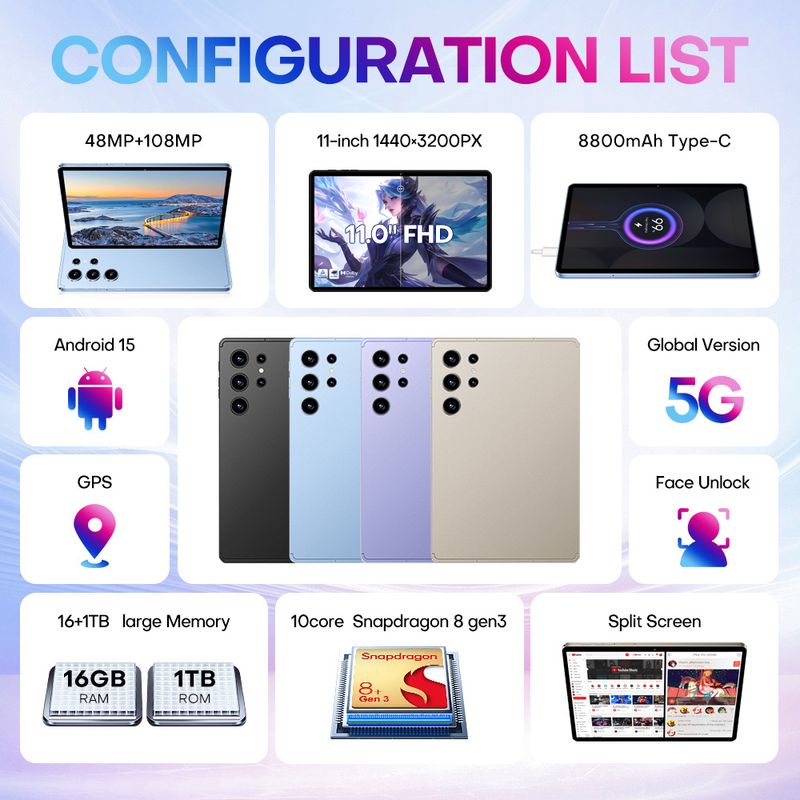 The Latest 11 Inch 5G Android 15 Tablet In 2025, 16GB+1TB, 48+108MP, 8800mAh, 1440*3200,With A Shell, No Power Touch Pen, Keyboard_voghion.com